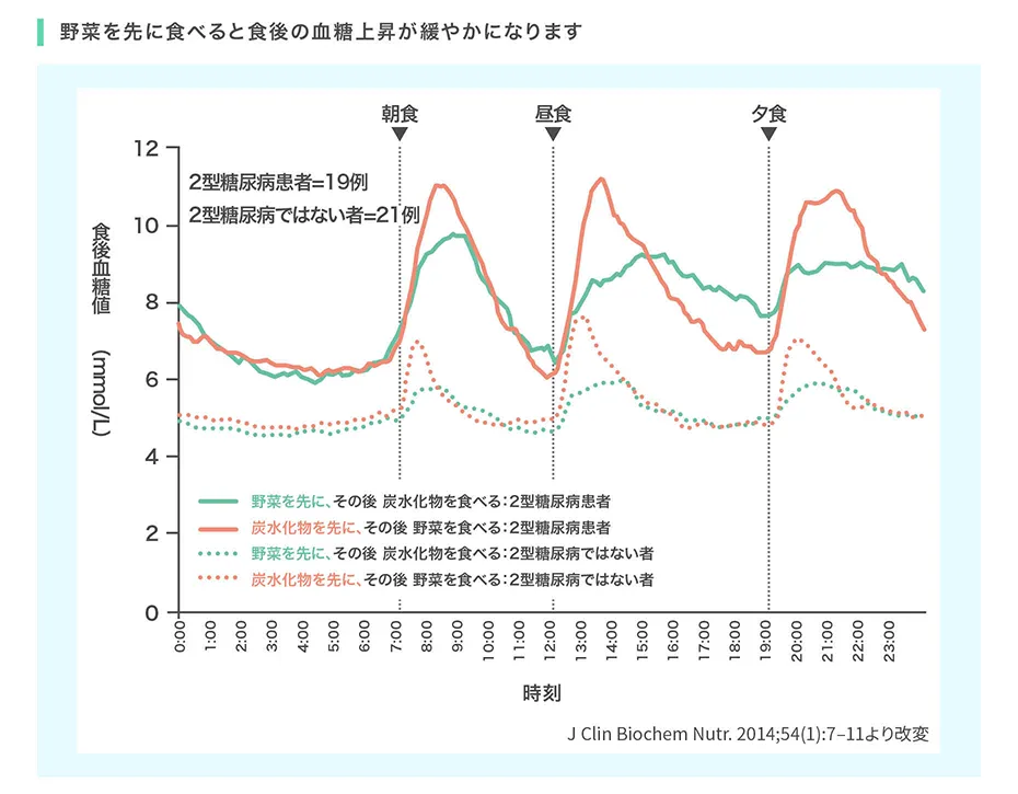 野菜を先に食べると食後の血糖上昇が緩やかになります