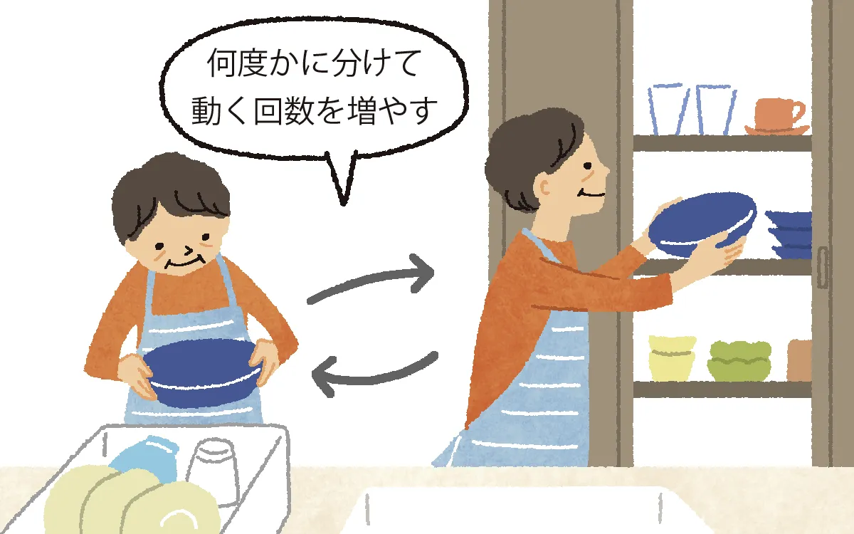 調理器具や食器の出し入れは何度かに分ければ動く回数も増えてリハビリに
