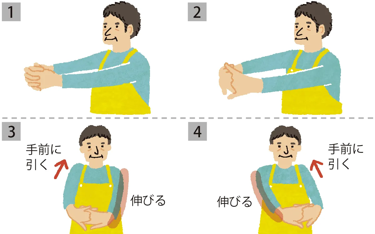 調理作業に備えて手や腕まわりの関節の柔軟性を高めるストレッチ