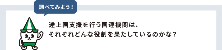 調べてみよう!途上国支援を行う国連機関は、それぞれどんな役割を果たしているのかな?