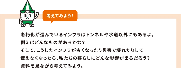 老朽化が進んでいるインフラはトンネルや水道以外にもあるよ。例えばどんなものがあるかな?そして、こうしたインフラが古くなったり災害で壊れたりして使えなくなったら、私たちの暮らしにどんな影響が出るだろう?資料を見ながら考えてみよう。