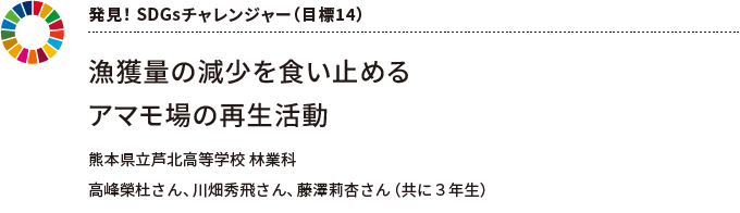 発見! SDGsチャレンジャー(目標14) 漁獲量の減少を食い止めるアマモ場の再生活動 熊本県立芦北高等学校 林業科 高峰榮杜さん、川畑秀飛さん、藤澤莉杏さん(共に3年生)